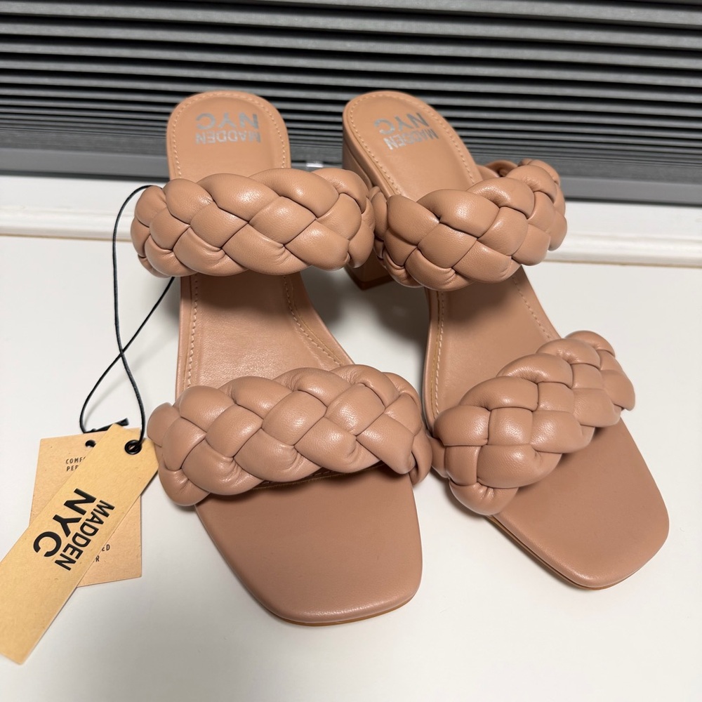 Madden NYC Braided Double-Strap Slide Heels in Nude